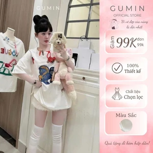 Áo phông nữ trắng GUMIN thiết kế dáng thụng giấu quần họa tiết hình ngựa nổi sang chảnh cao cấp