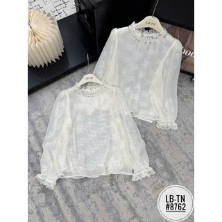 Áo sơ mi tơ mềm mỏng lót ren dài tay cổ cườm #8762