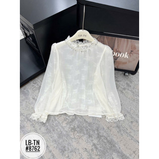 Áo sơ mi tơ mềm mỏng lót ren dài tay cổ cườm #8762