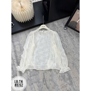 Áo sơ mi tơ mềm mỏng lót ren dài tay cổ cườm #8762