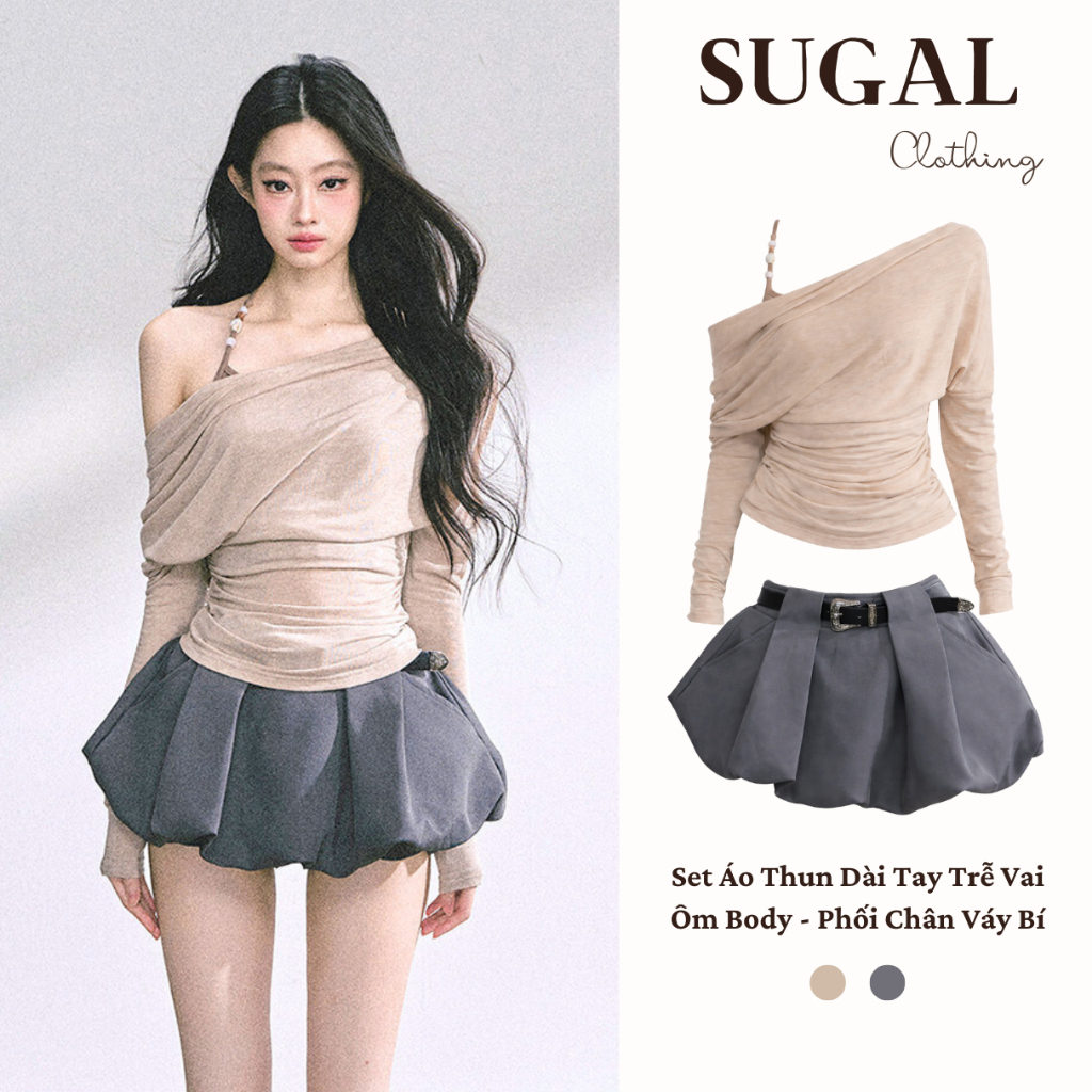 (Màu Mới) SUGAL - Set Áo Thun Trễ Vai KÈM ÁO HAI DÂY Bên Trong - Phối Chân Váy (KÈM ĐAI) Bí Phồng Xếp Ly|TOP 284 +CV 096