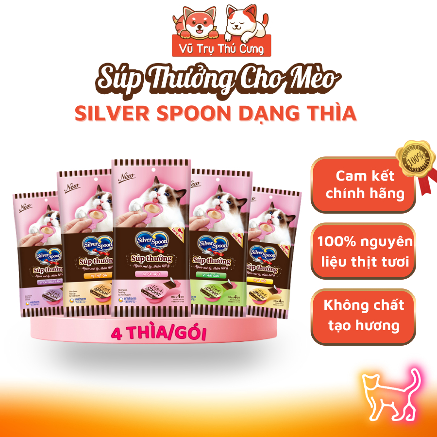 Súp Thưởng Cho Mèo Silver Spoon Thái Lan Không Ngũ Cốc, Giàu Đạm (Túi 4 Thìa)