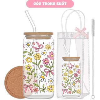 Cốc Thuỷ Tinh Vườn Hoa 500ml, Ly Thuỷ Tinh Cute Chịu Nhiệt Kèm Phụ Kiện, Quà Tặng Sinh Nhật