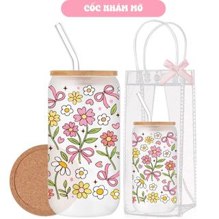 Cốc Thuỷ Tinh Vườn Hoa 500ml, Ly Thuỷ Tinh Cute Chịu Nhiệt Kèm Phụ Kiện, Quà Tặng Sinh Nhật