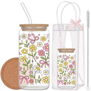 Cốc Thuỷ Tinh Vườn Hoa 500ml, Ly Thuỷ Tinh Cute Chịu Nhiệt Kèm Phụ Kiện, Quà Tặng Sinh Nhật