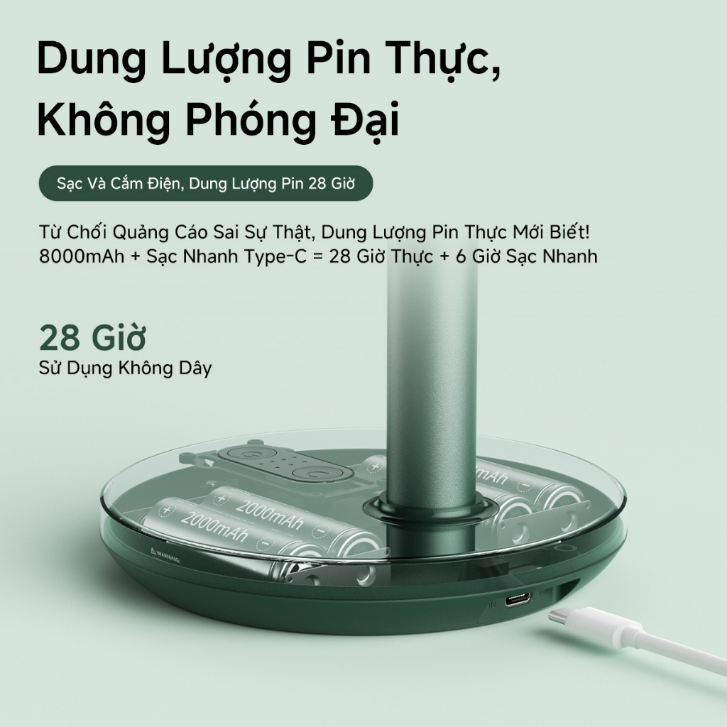 Quạt bàn JisuLife, pin 8000mAh, dùng 28h, sạc được, có thể kéo dài, quạt sàn đứng