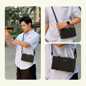 Túi đeo chéo unisex dạng hộp cứng đen trơn Deamos da PU chống nước TD01