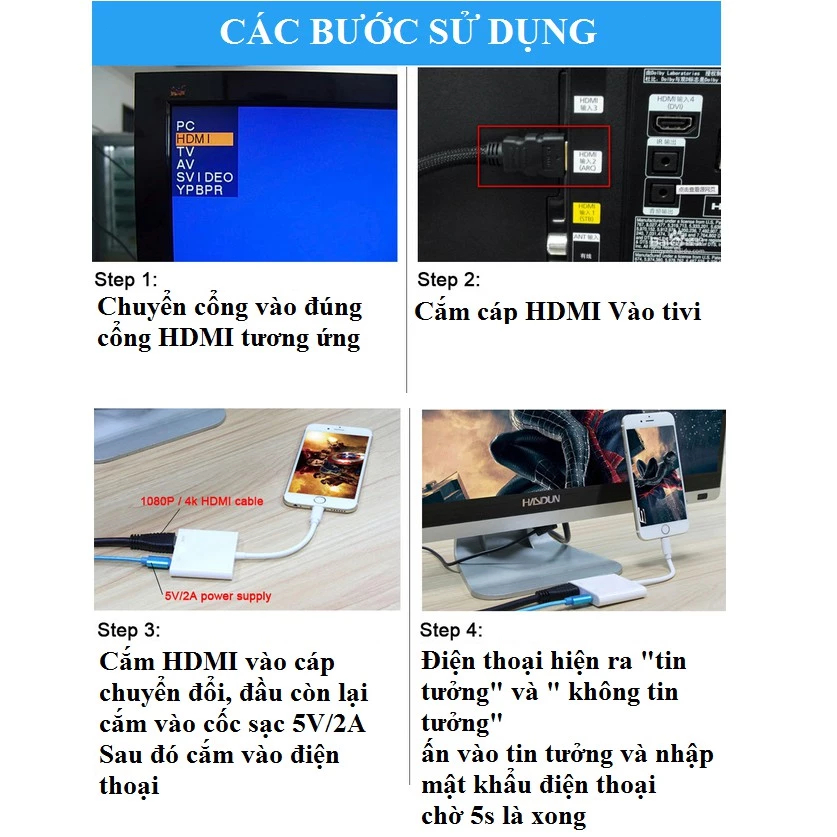 IP Dây chuyển đổi 2 trong 1 HDMI Cáp chuyển đổi TV HD 1080p HD Cổng sạc tương thích với điện thoại di động Văn phòng