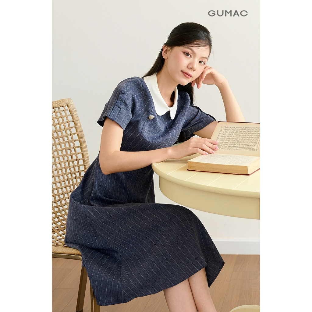 Đầm nữ GUMAC phối cổ đính nút  DF11002