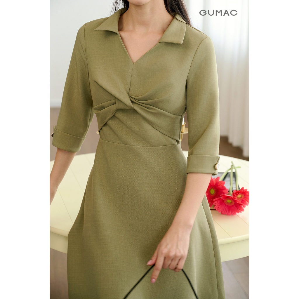 Đầm nữ GUMAC form A xòe xoắn ngực lá cổ sơ mi  DF11009 - DF10052