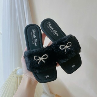 Sz 25-34 Dép Lê Mũi Vuông Quai Lông Phối Nơ Đá Sang Chảnh Cho Bé Gái K030