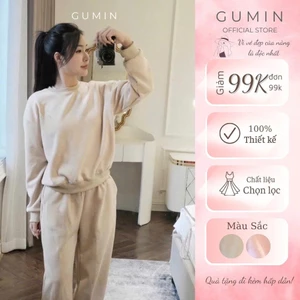 Set bộ nỉ nữ GUMIN thiết kế áo cổ tròn dáng bo gấu thể thao kèm quần bo gấu chun thêu logo sang chảnh thanh lịch