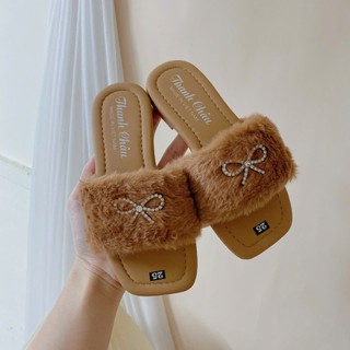 Sz 25-34 Dép Lê Mũi Vuông Quai Lông Phối Nơ Đá Sang Chảnh Cho Bé Gái K030
