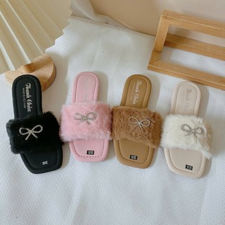 Sz 25-34 Dép Lê Mũi Vuông Quai Lông Phối Nơ Đá Sang Chảnh Cho Bé Gái K030