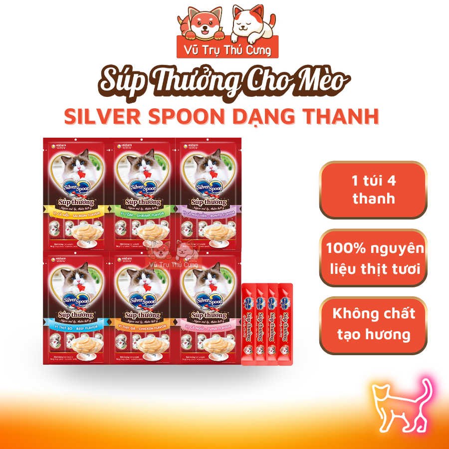 Súp Thưởng Cho Mèo Silver Spoon Thái Lan Từ Thịt Cá Thật (Túi 4 Thanh)