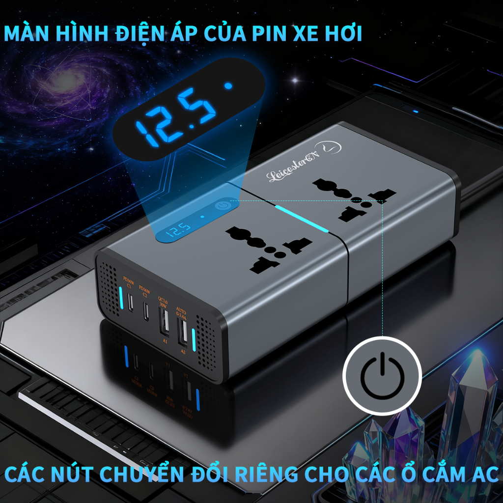 Bộ Sạc Xe Hơi Đa Năng 200W Sạc Siêu Nhanh 4 Điện Thoại 2 Laptop Cùng Lúc Màn Hình LCD Chống Quá Tải