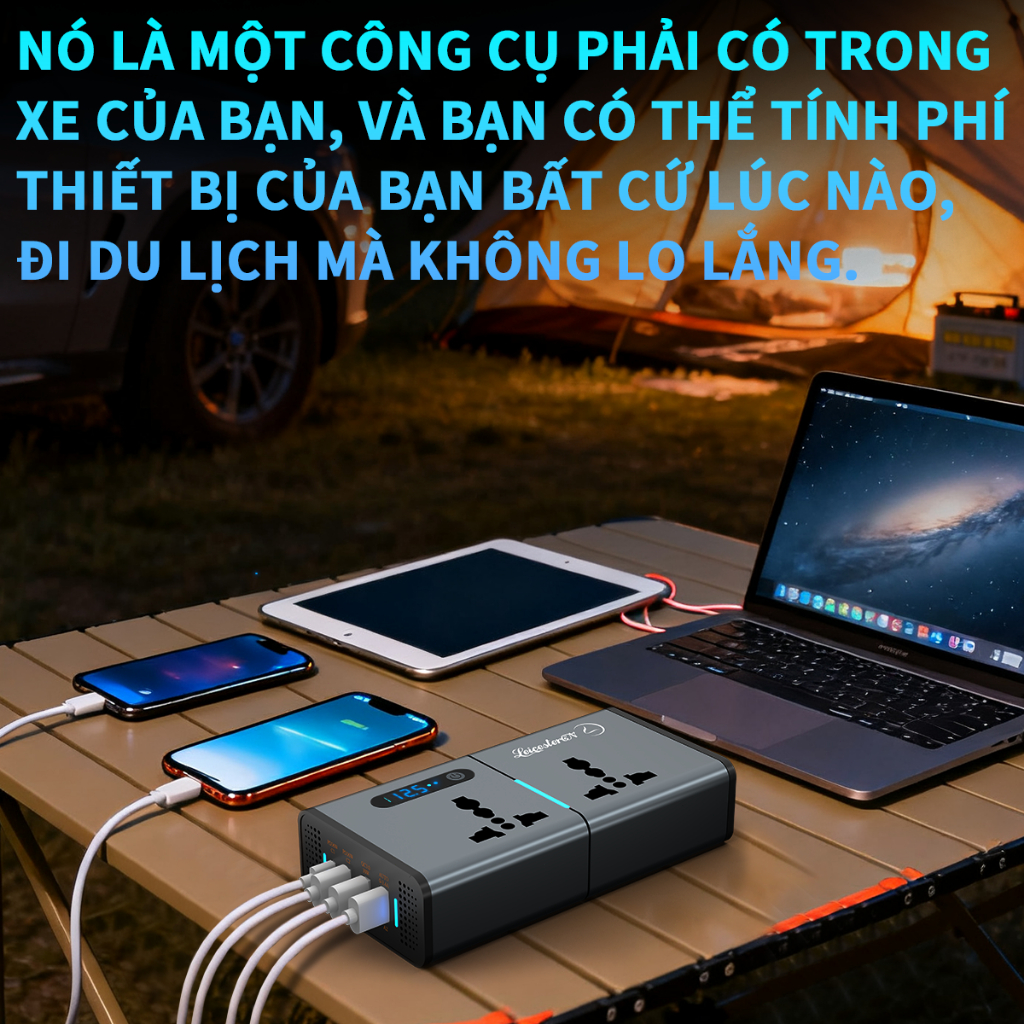 Bộ Sạc Xe Hơi Đa Năng 200W Sạc Siêu Nhanh 4 Điện Thoại 2 Laptop Cùng Lúc Màn Hình LCD Chống Quá Tải