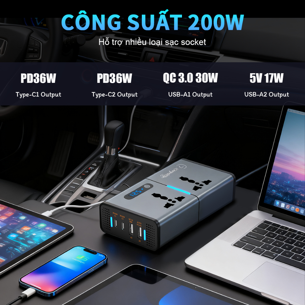Bộ Sạc Xe Hơi Đa Năng 200W Sạc Siêu Nhanh 4 Điện Thoại 2 Laptop Cùng Lúc Màn Hình LCD Chống Quá Tải