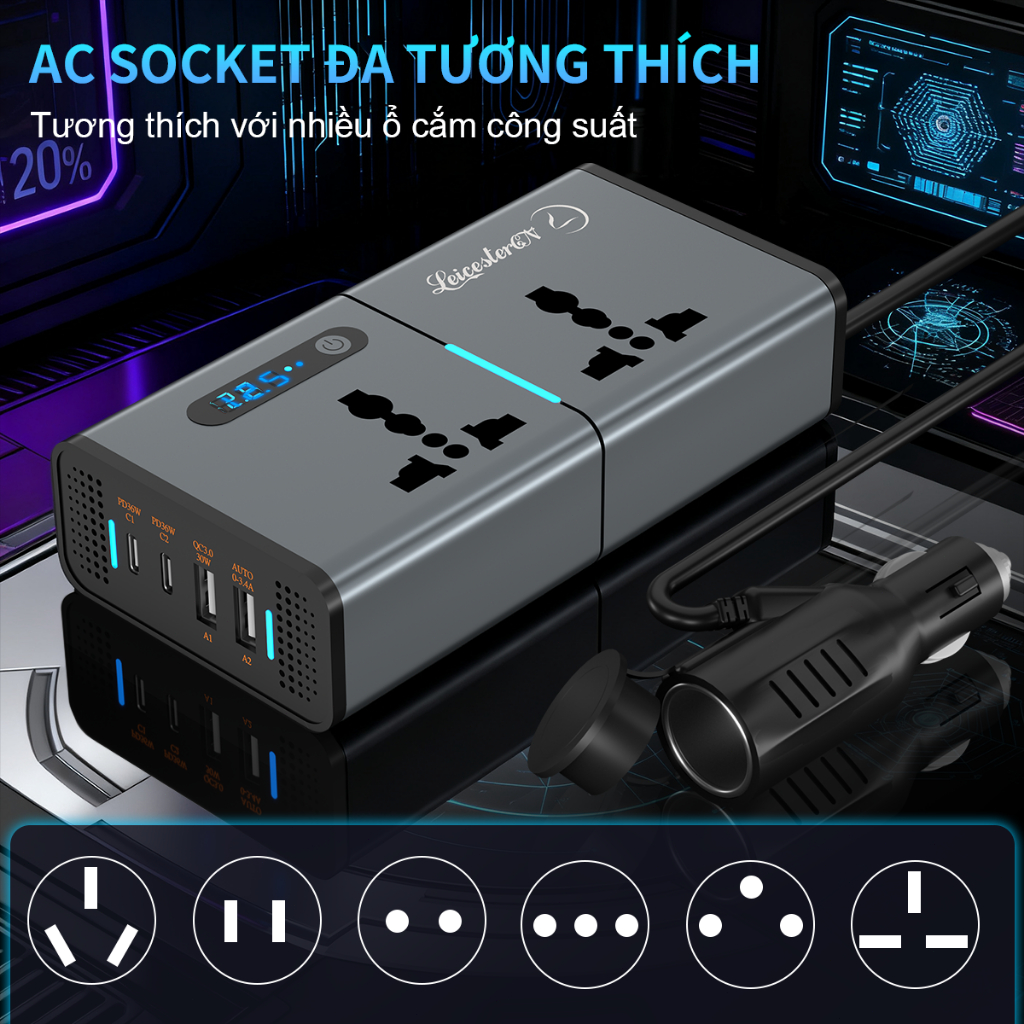 Bộ Sạc Xe Hơi Đa Năng 200W Sạc Siêu Nhanh 4 Điện Thoại 2 Laptop Cùng Lúc Màn Hình LCD Chống Quá Tải
