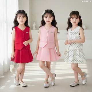 Set Ghi Lê Vest Bé Gái Cao Cấp AZB615 – Vest Khaki Mềm Lót Lụa Kèm Quần Giả Váy Xếp Ly, Tặng Cài Áo