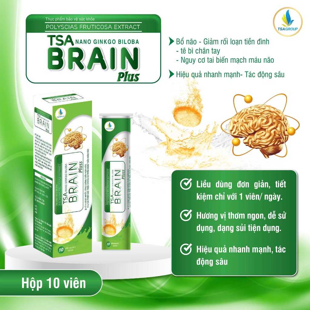 Viên sủi bổ não TSA BRAIN PLUS- hỗ trợ hoạt huyết, tăng cường tuần hoàn máu não (hộp 10 viên)