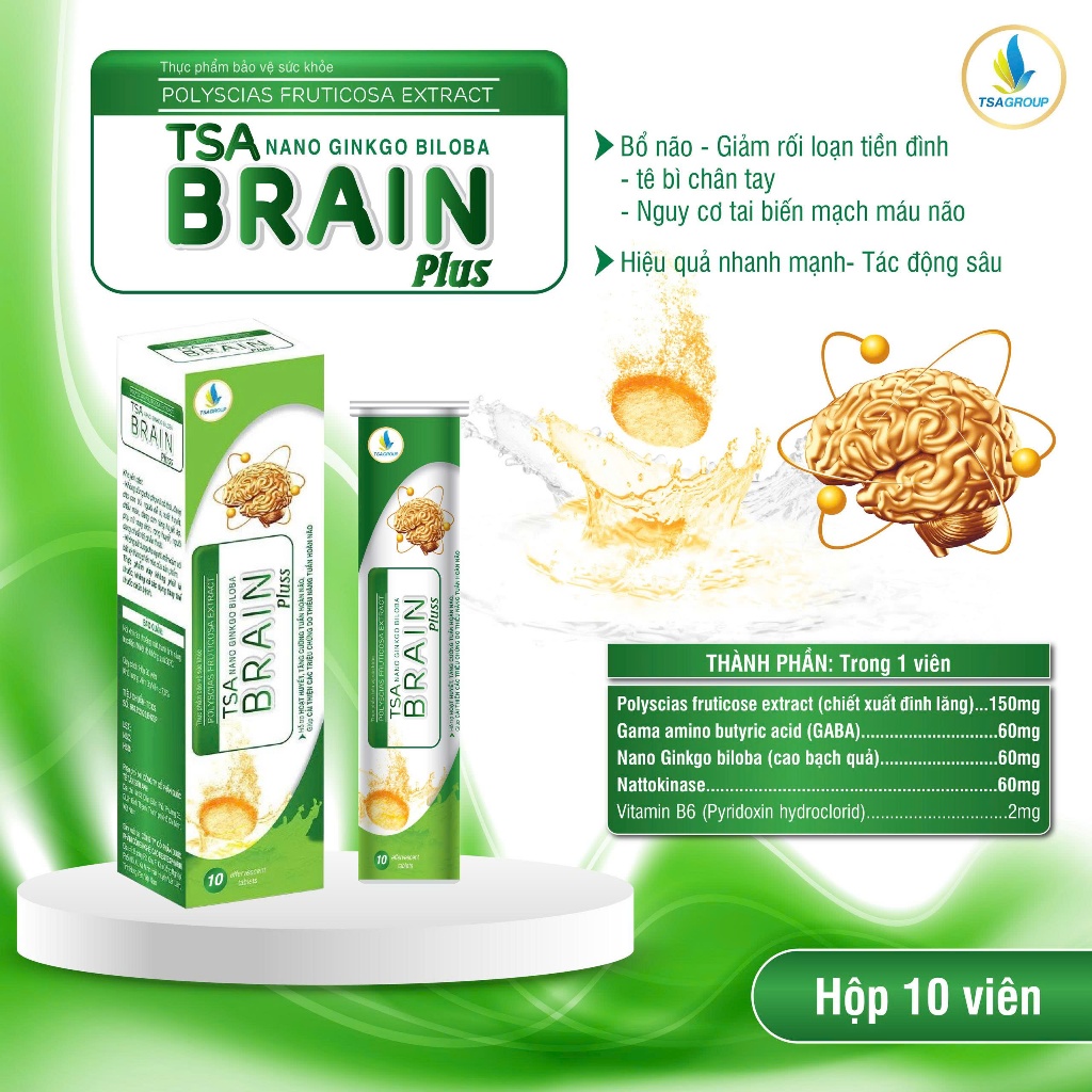 Viên sủi bổ não TSA BRAIN PLUS- hỗ trợ hoạt huyết, tăng cường tuần hoàn máu não (hộp 10 viên)