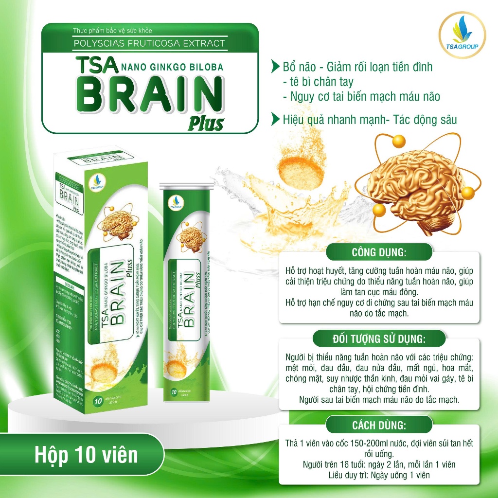 Viên sủi bổ não TSA BRAIN PLUS- hỗ trợ hoạt huyết, tăng cường tuần hoàn máu não (hộp 10 viên)
