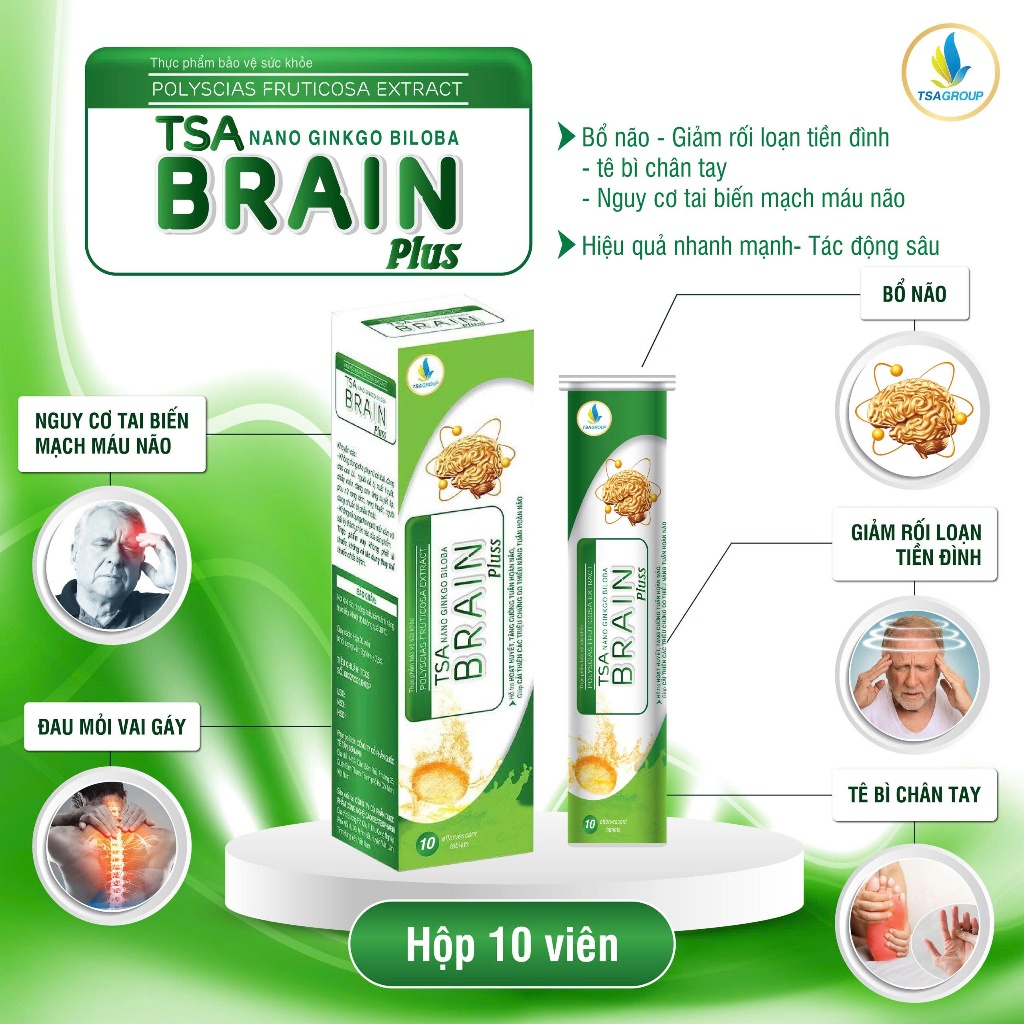 Viên sủi bổ não TSA BRAIN PLUS- hỗ trợ hoạt huyết, tăng cường tuần hoàn máu não (hộp 10 viên)