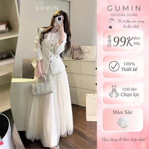 Set áo váy dạ GUMIN thiết kế áo dạ cổ tròn đính hoa trà triết eo kèm chân váy lưới dài 2 lớp thanh lịch sang chảnh