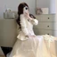 Set áo váy dạ GUMIN thiết kế áo dạ cổ tròn đính hoa trà triết eo kèm chân váy lưới dài 2 lớp thanh lịch sang chảnh