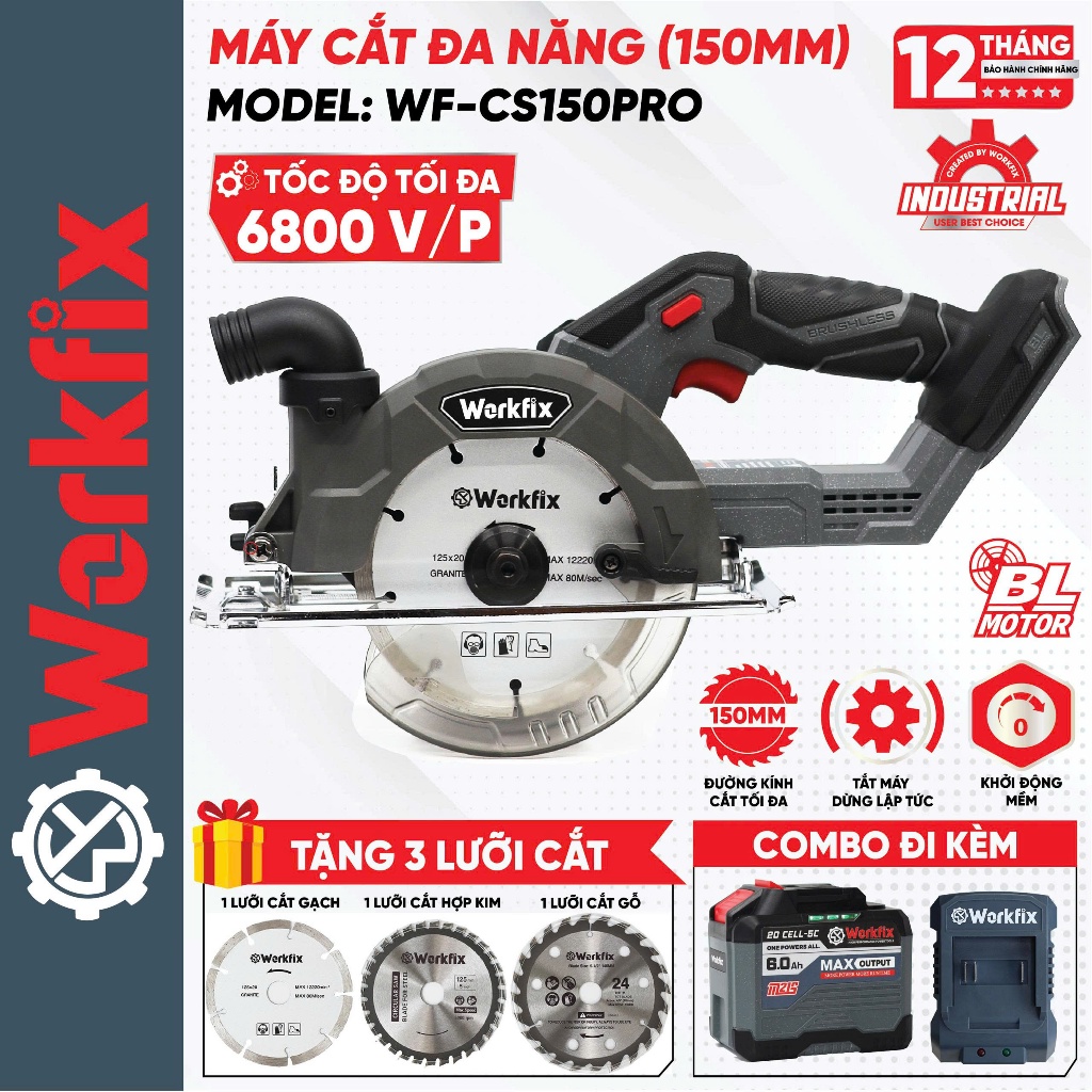 Máy Cắt Đĩa Đa Năng WORKFIX WF-CS150PRO, Tốc Độ 6800v/p, Không Than, Đường Kính Lưỡi Tối Đa 150mm