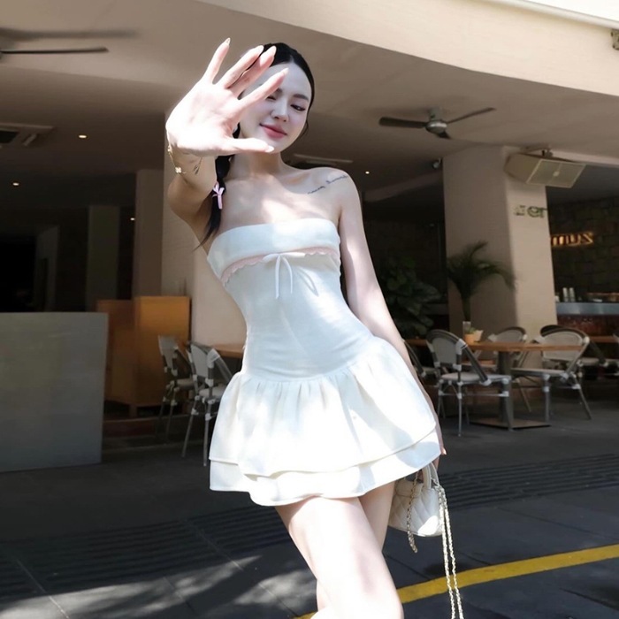 [Order] Váy liền ống trên ngực nơ viền ren trẻ trung ngọt ngào váy phồng hot girl tôn dáng gầy chít eo cho nữ