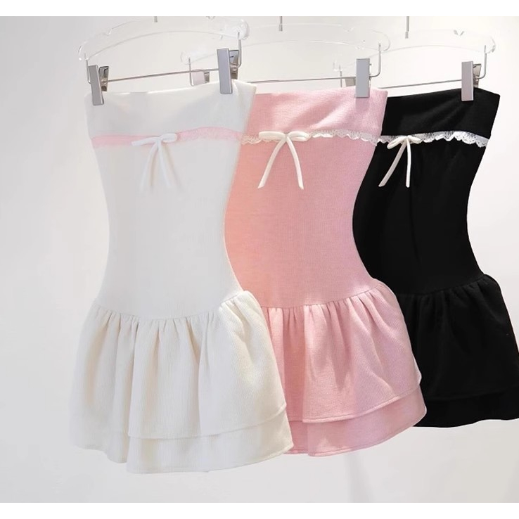 [Order] Váy liền ống trên ngực nơ viền ren trẻ trung ngọt ngào váy phồng hot girl tôn dáng gầy chít eo cho nữ