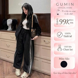 Set bộ nỉ nữ GUMIN thiết kế áo có mũ phối sọc thêu logo bad ngực kèm quần dáng suông bo rút dây gấu sang trọng cao cấp