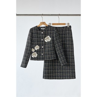 Áo Dạ Tweed Suông 2 Lớp Thêu Hoa, Chân Váy Dạ Dai Xẻ Sau LAMER L65W25T020 L62M25T007