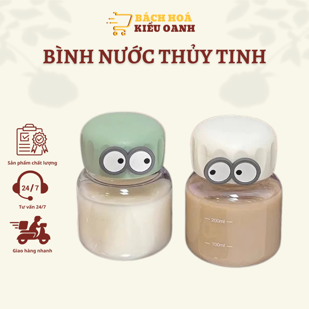 Bình Nước Thủy Tinh Dáng Lùn Chia Vạch 300ml An Toàn Không Chứa BPA Đa Dạng Họa Tiết Đôi Mắt
