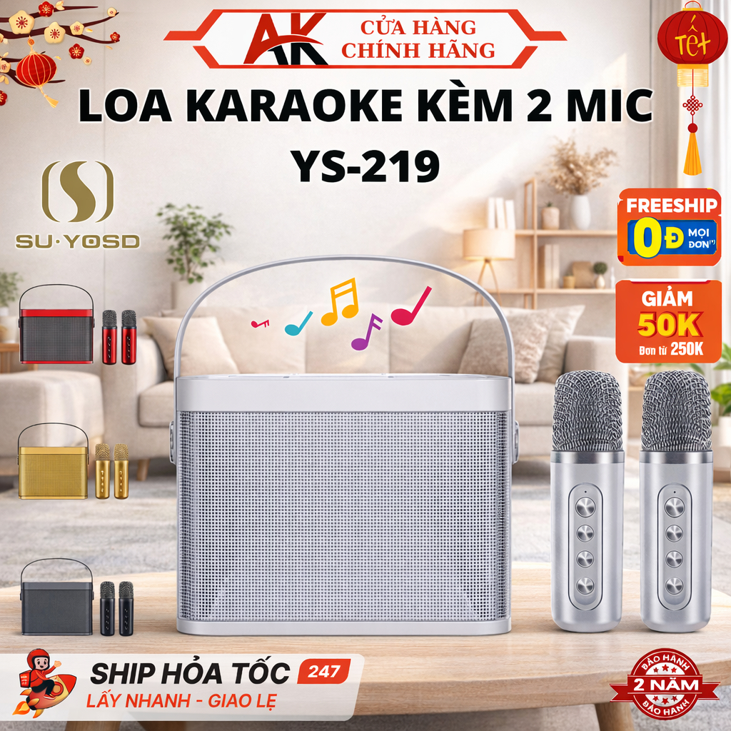 Loa Bluetooth Karaoke Kèm 2 Mic YS-219 Âm Thanh Sống Động, Thiết Kế Đẹp, Bass Cực Hay, BH 24 tháng