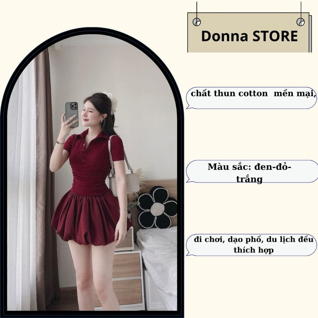váy nữ , đầm nữ kiểu dáng polo dáng ngắn liền thân xòe xếp ly 4 màu thích hợp đi chơi du lịch Donna hcom25220