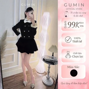 Set áo váy dạ GUMIN thiết kế áo phối tay xếp ly kèm nơ cổ tiểu thư và chân váy xoè dáng ngắn sang trọng thanh lịch