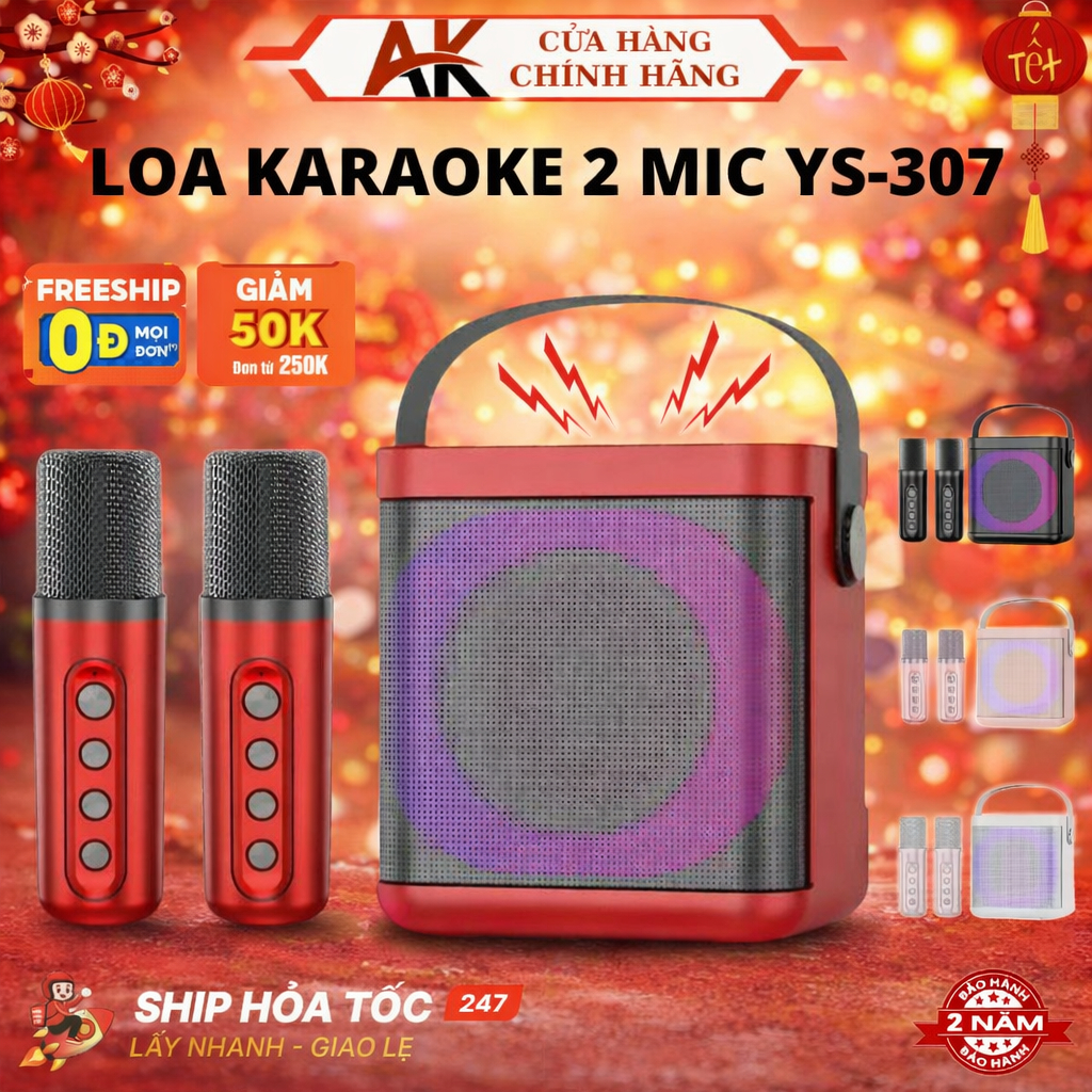 Loa Bluetooth Karaoke Kèm 2 Mic YS-307 Không Dây, Âm Thanh Siêu Hay, Bảo Hành 24 Tháng