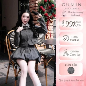 Set áo váy dạ xám GUMIN thiết kế áo đính nơ cổ phối cổ sen trắng kèm chân váy bí bồng tiểu thư sang trọng cao cấp