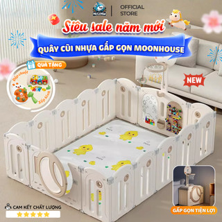 Quây Cũi Cho Bé Gấp Gọn New 2026, Quây Cũi Nhựa Moon House Kèm Cột Bóng, Ghép Hình, Thảm, Bóng,Giỏ Bóng Nhựa Nguyên Sinh