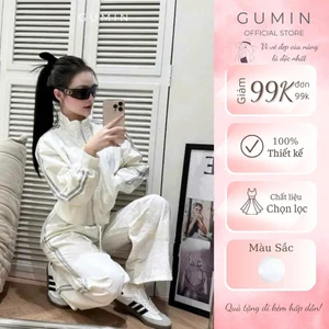 Set bộ gió GUMIN thiết kế áo dáng ngắn phối sọc viền kèm quần suông sanh chảnh, Set bộ gió nữ thể thao sang trọng cao cấ