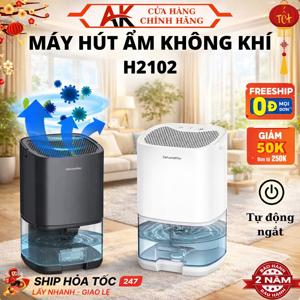 Máy Hút Ẩm Không Khí Gia Đình Phòng Ngủ H2102 Tự Động Tắt, Tiếng Êm Nhỏ, Chống Ẩm, Dung Tích 1000 ML