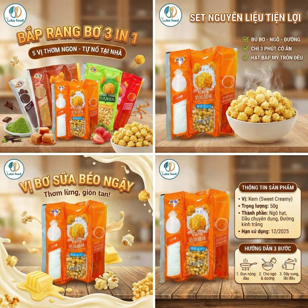 Set Nguyên Liệu Bắp Rang Bơ 3 In 1 Tự Nổ Tại Nhà 150g (5 Vị) - Bắp Mỹ Hạt Tròn Siêu Ngon - Luka Food