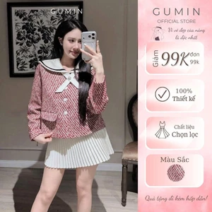Áo khoác dạ tweed GUMIN thiết kế áo cổ bản to phối viền đen mix nơ cổ đính đá tiểu thư, Áo khoác nữ dạ nhũ sang trọng