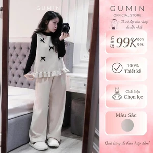 Set bộ dạ GUMIN thiết kế áo giữ nhiệt đen mix áo gile đính nơ kèm quần ống suông rộng tiểu thư, set bộ nữ mặc nhà sang c