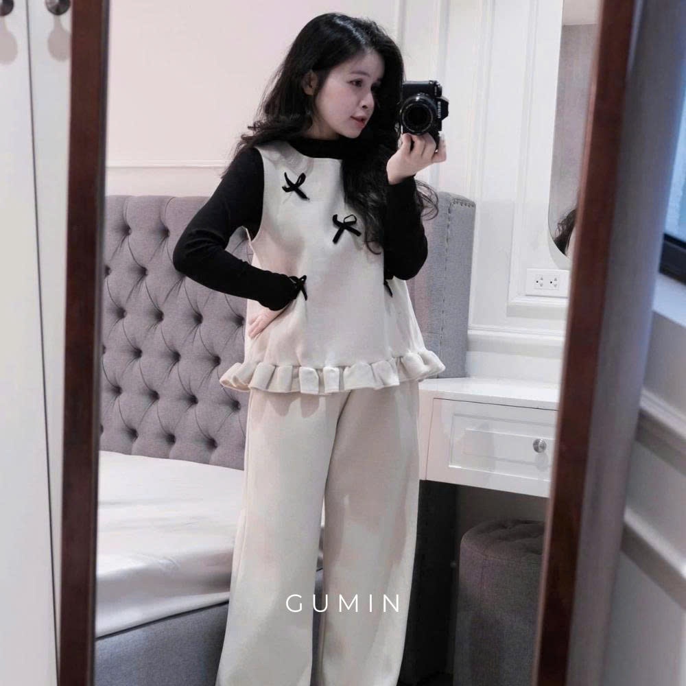 Set bộ dạ GUMIN thiết kế áo giữ nhiệt đen mix áo gile đính nơ kèm quần ống suông rộng tiểu thư, set bộ nữ mặc nhà sang c