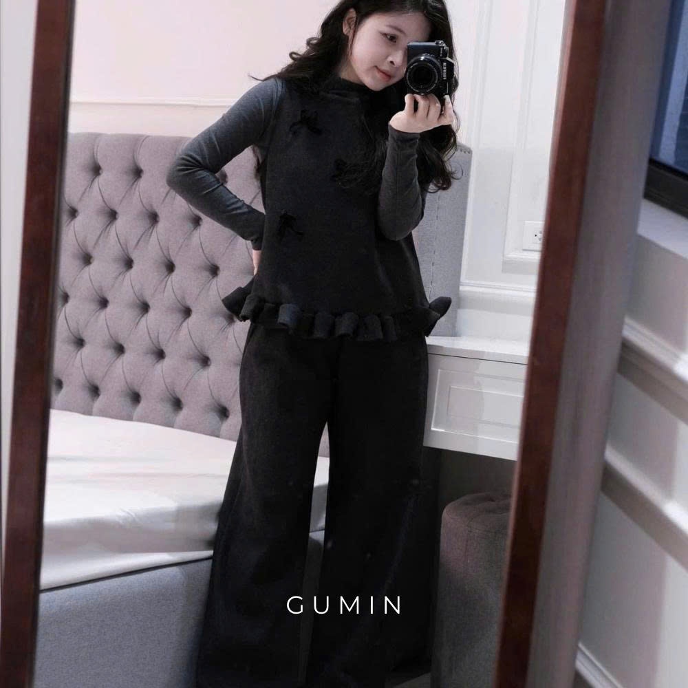 Set bộ dạ GUMIN thiết kế áo giữ nhiệt đen mix áo gile đính nơ kèm quần ống suông rộng tiểu thư, set bộ nữ mặc nhà sang c
