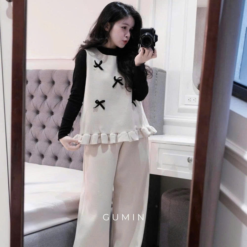 Set bộ dạ GUMIN thiết kế áo giữ nhiệt đen mix áo gile đính nơ kèm quần ống suông rộng tiểu thư, set bộ nữ mặc nhà sang c
